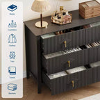 Commode de 54 po de large à 6 tiroirs, commode moderne avec poignées métalliques pour rangement de chambre, noire