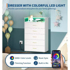 Commode 5 tiroirs avec lumières LED, station de charge contrôlée par application pour salon, blanche