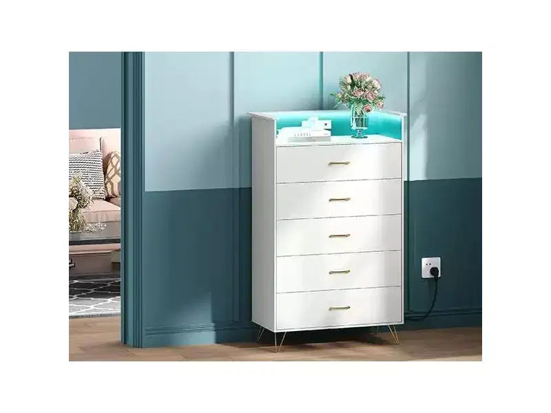 Commode 5 tiroirs avec lumières LED, station de charge contrôlée par application pour salon, blanche