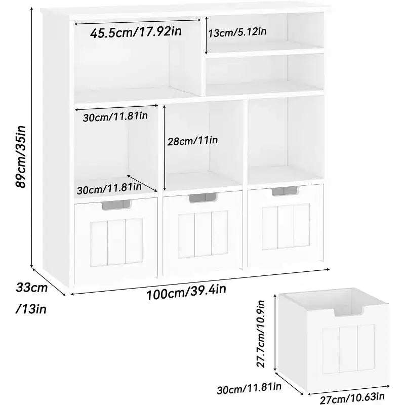 GustoWave Étagère à Livres pour Enfants avec 3 Tiroirs Mobiles et 6 Casiers de Rangement pour Chambre, Salle de Jeux, Crèche, Blanc