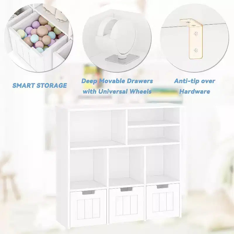 GustoWave Étagère à Livres pour Enfants avec 3 Tiroirs Mobiles et 6 Casiers de Rangement pour Chambre, Salle de Jeux, Crèche, Blanc