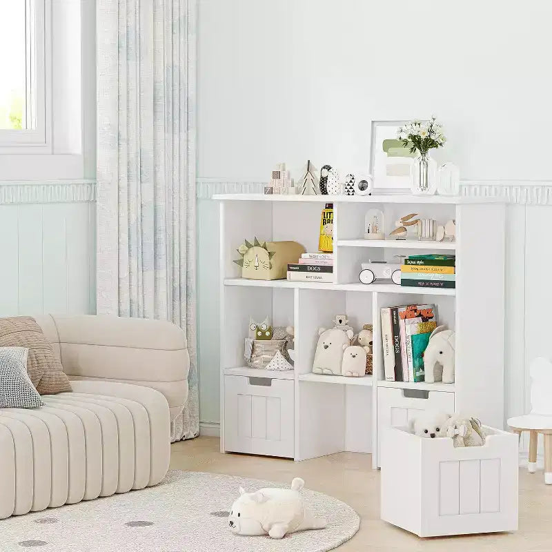GustoWave Étagère à Livres pour Enfants avec 3 Tiroirs Mobiles et 6 Casiers de Rangement pour Chambre, Salle de Jeux, Crèche, Blanc