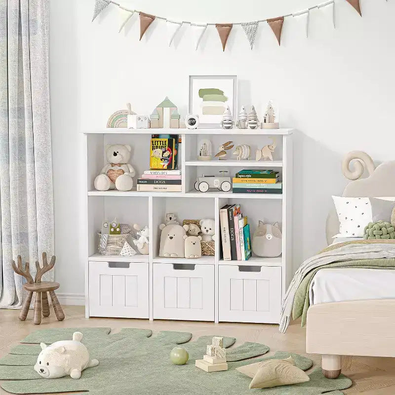 GustoWave Étagère à Livres pour Enfants avec 3 Tiroirs Mobiles et 6 Casiers de Rangement pour Chambre, Salle de Jeux, Crèche, Blanc