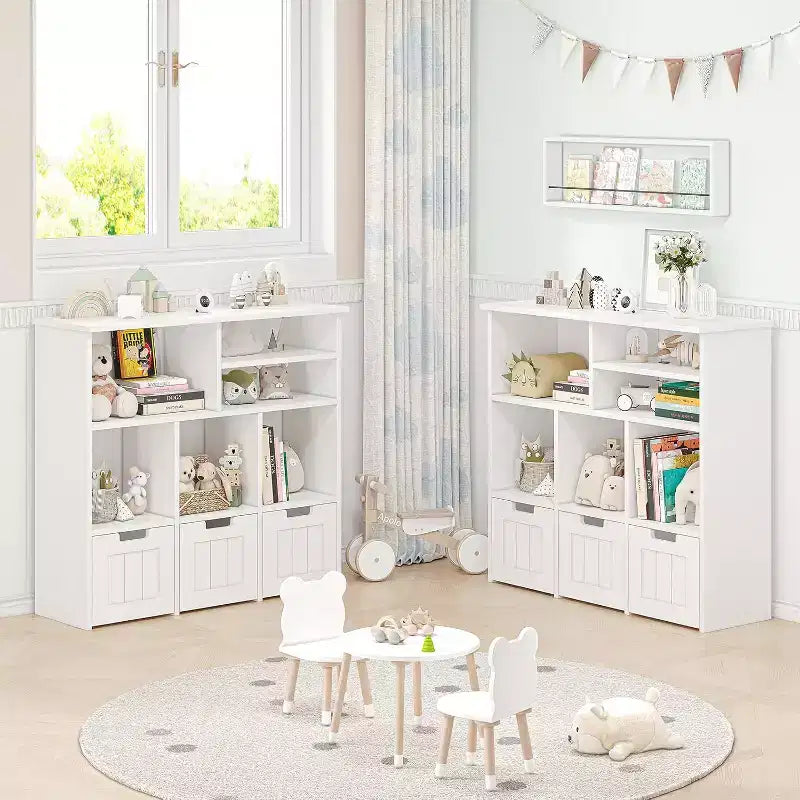 GustoWave Étagère à Livres pour Enfants avec 3 Tiroirs Mobiles et 6 Casiers de Rangement pour Chambre, Salle de Jeux, Crèche, Blanc