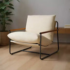 Fauteuil d'appoint moderne en velours côtelé avec structure en métal et accoudoirs en bois, beige