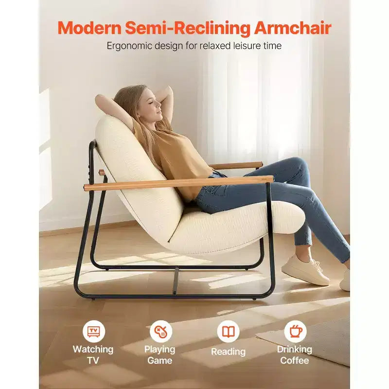 Fauteuil d'appoint moderne en velours côtelé avec structure en métal et accoudoirs en bois, beige