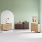 LINSY HOME Commode 9 tiroirs cannelée pour chambre à coucher, Grande commode de style moderne du milieu du siècle avec poignées en métal doré, Commodes larges en bois de style bohème.