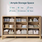 LINSY HOME Commode 9 tiroirs cannelée pour chambre à coucher, Grande commode de style moderne du milieu du siècle avec poignées en métal doré, Commodes larges en bois de style bohème.