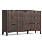 LINSY HOME Commode 9 tiroirs cannelée pour chambre à coucher, Grande commode de style moderne du milieu du siècle avec poignées en métal doré, Commodes larges en bois de style bohème.