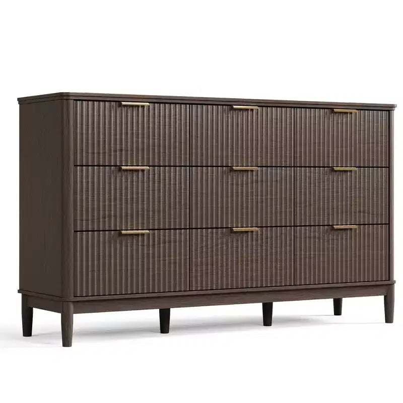 LINSY HOME Commode 9 tiroirs cannelée pour chambre à coucher, Grande commode de style moderne du milieu du siècle avec poignées en métal doré, Commodes larges en bois de style bohème.