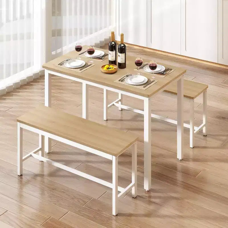 MooxvMoo 43 Dining Table Set, Bar Table with 2 Dining Benches, Industrial Table Counter for Kitchen Breakfast Table, Living Room, Party Room, White