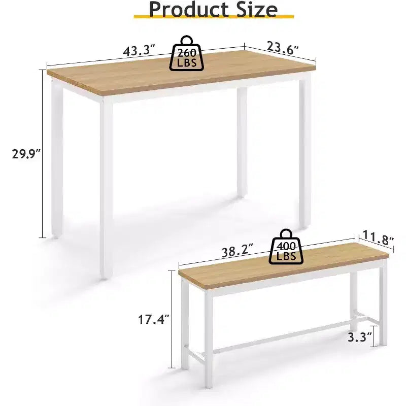 MooxvMoo Ensemble table de salle à manger 43, table de bar avec 2 bancs de salle à manger, comptoir de table industrielle pour table de petit-déjeuner de cuisine, salon, salle de fête, blanc