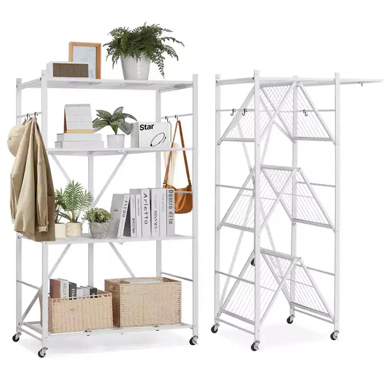 VEVOR 4-Tier Foldable Storage Shelf, 36W x 21D x 60 H Inch Folding Metal Rack Shelving Unit, No Assembly Organizer Shelf with 5 Wheels&4 Hooks,White