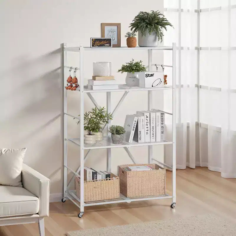 Étagère de rangement pliable VEVOR à 4 niveaux, étagère métallique pliable de 91,4 x 53,3 x 152,4 cm (L x P x H), organisateur sans assemblage avec 5 roues et 4 crochets, blanc