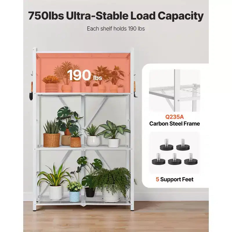 Étagère de rangement pliable VEVOR à 4 niveaux, étagère métallique pliable de 91,4 x 53,3 x 152,4 cm (L x P x H), organisateur sans assemblage avec 5 roues et 4 crochets, blanc