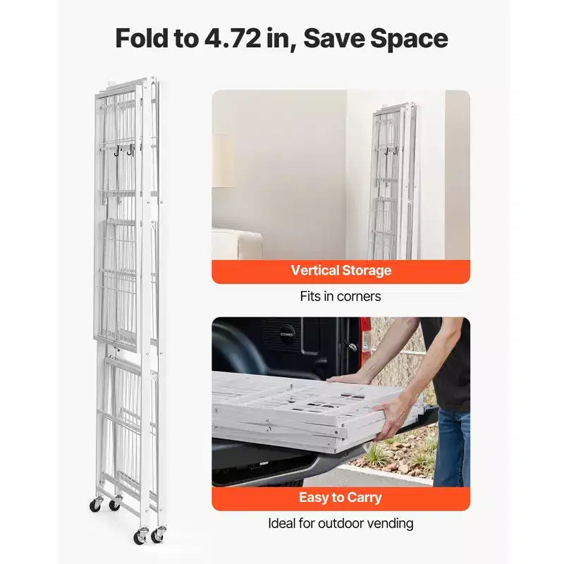 Étagère de rangement pliable VEVOR à 4 niveaux, étagère métallique pliable de 91,4 x 53,3 x 152,4 cm (L x P x H), organisateur sans assemblage avec 5 roues et 4 crochets, blanc