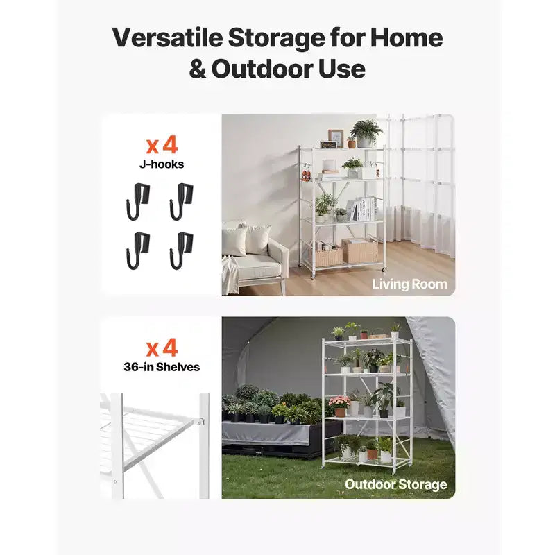 Étagère de rangement pliable VEVOR à 4 niveaux, étagère métallique pliable de 91,4 x 53,3 x 152,4 cm (L x P x H), organisateur sans assemblage avec 5 roues et 4 crochets, blanc