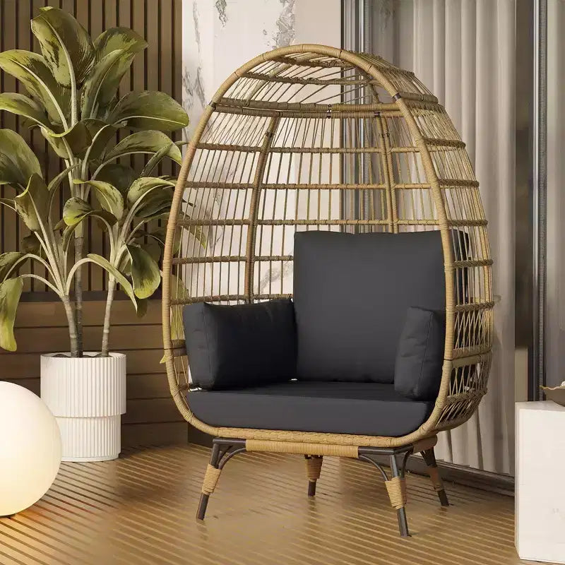 Fauteuil œuf en osier avec coussin moelleux et cadre en acier, chaises longues de patio en rotin pour patio, arrière-cour, salon, chambre à coucher