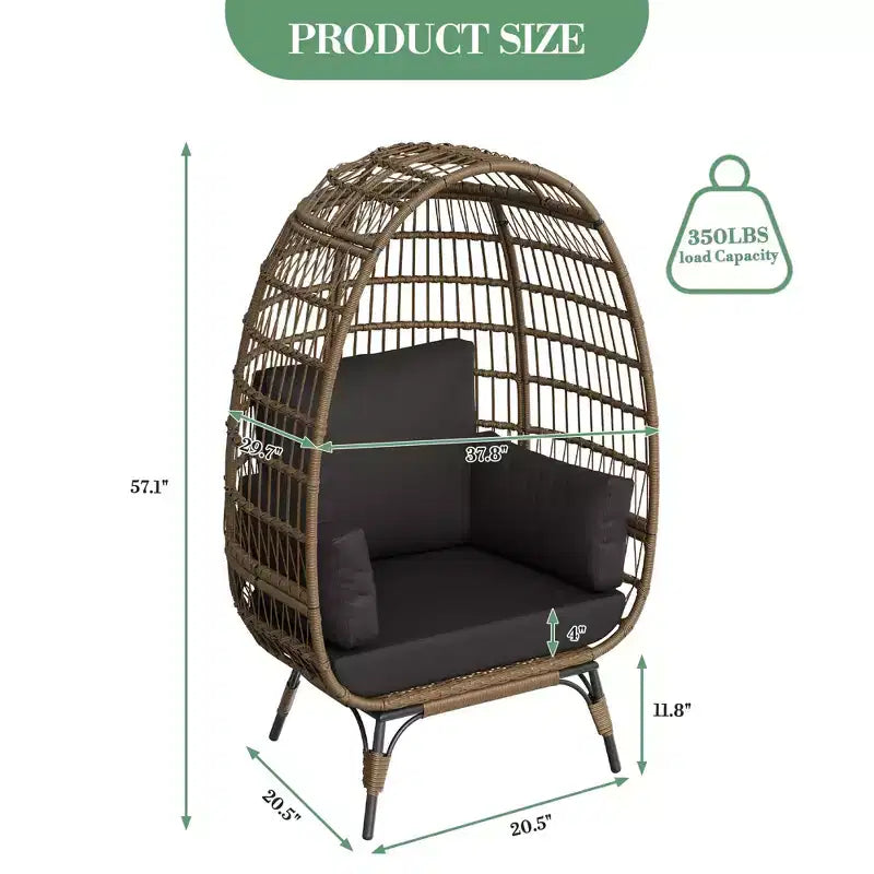 Fauteuil œuf en osier avec coussin moelleux et cadre en acier, chaises longues de patio en rotin pour patio, arrière-cour, salon, chambre à coucher