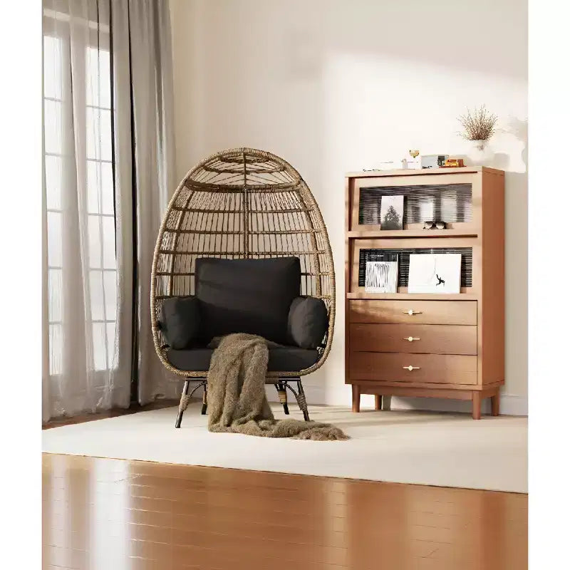 Fauteuil œuf en osier avec coussin moelleux et cadre en acier, chaises longues de patio en rotin pour patio, arrière-cour, salon, chambre à coucher