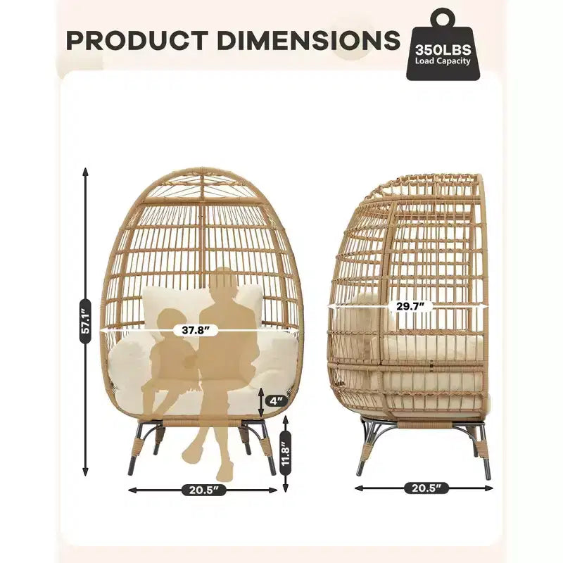 Fauteuil œuf en osier avec coussin moelleux et cadre en acier, chaises longues de patio en rotin pour patio, arrière-cour, salon, chambre à coucher