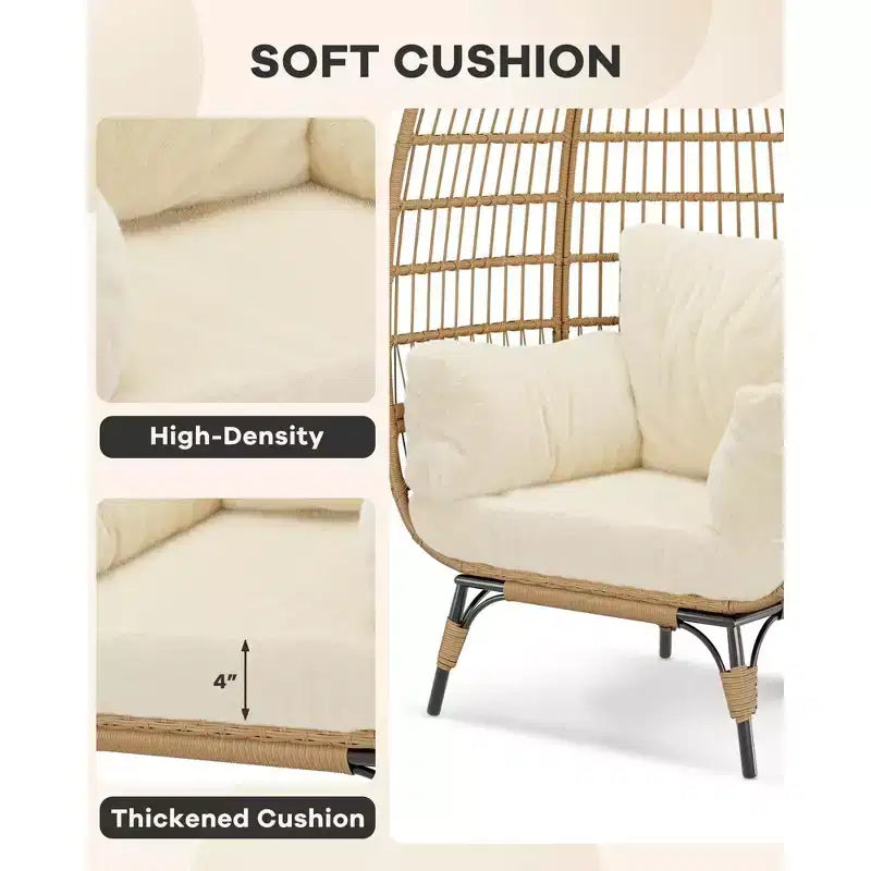 Fauteuil œuf en osier avec coussin moelleux et cadre en acier, chaises longues de patio en rotin pour patio, arrière-cour, salon, chambre à coucher