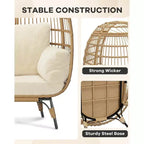 Fauteuil œuf en osier avec coussin moelleux et cadre en acier, chaises longues de patio en rotin pour patio, arrière-cour, salon, chambre à coucher