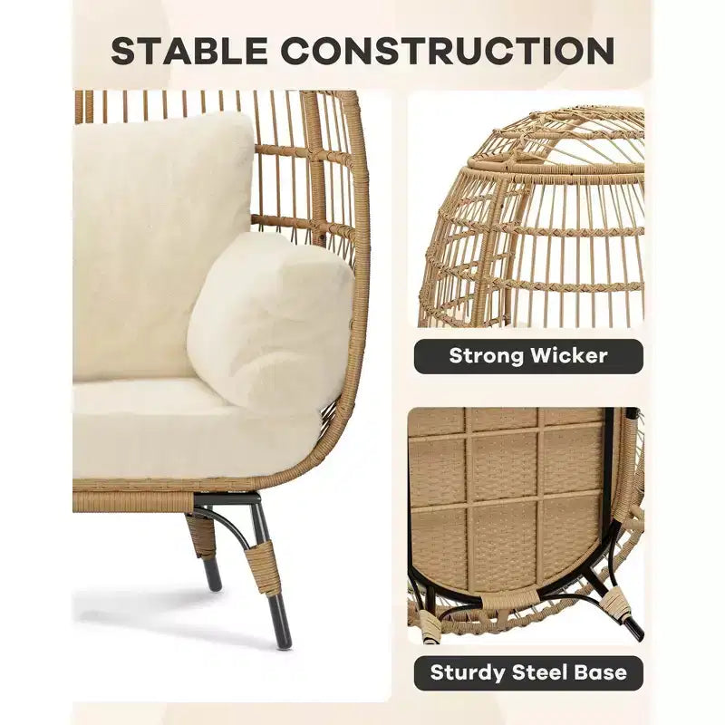 Fauteuil œuf en osier avec coussin moelleux et cadre en acier, chaises longues de patio en rotin pour patio, arrière-cour, salon, chambre à coucher