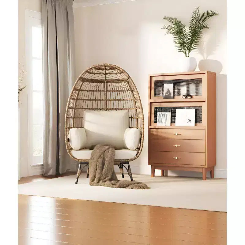 Fauteuil œuf en osier avec coussin moelleux et cadre en acier, chaises longues de patio en rotin pour patio, arrière-cour, salon, chambre à coucher