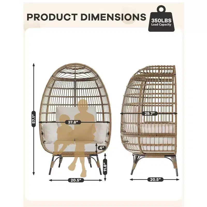Fauteuil œuf en osier avec coussin moelleux et cadre en acier, chaises longues de patio en rotin pour patio, arrière-cour, salon, chambre à coucher