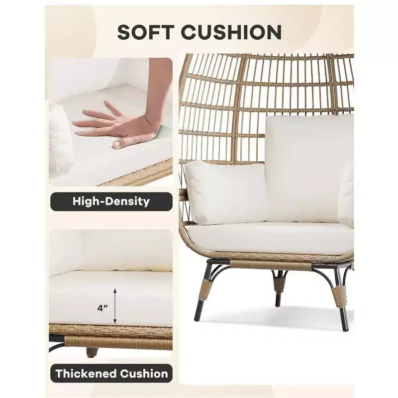 Fauteuil œuf en osier avec coussin moelleux et cadre en acier, chaises longues de patio en rotin pour patio, arrière-cour, salon, chambre à coucher