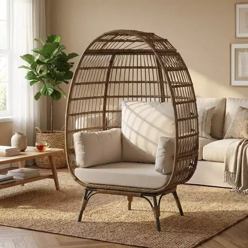 Wicker Egg Chair with Soft Cushion and Steel Frame, Rattan Patio Lounge Chairs for Patio, Backyard, Living Room, Bedroom