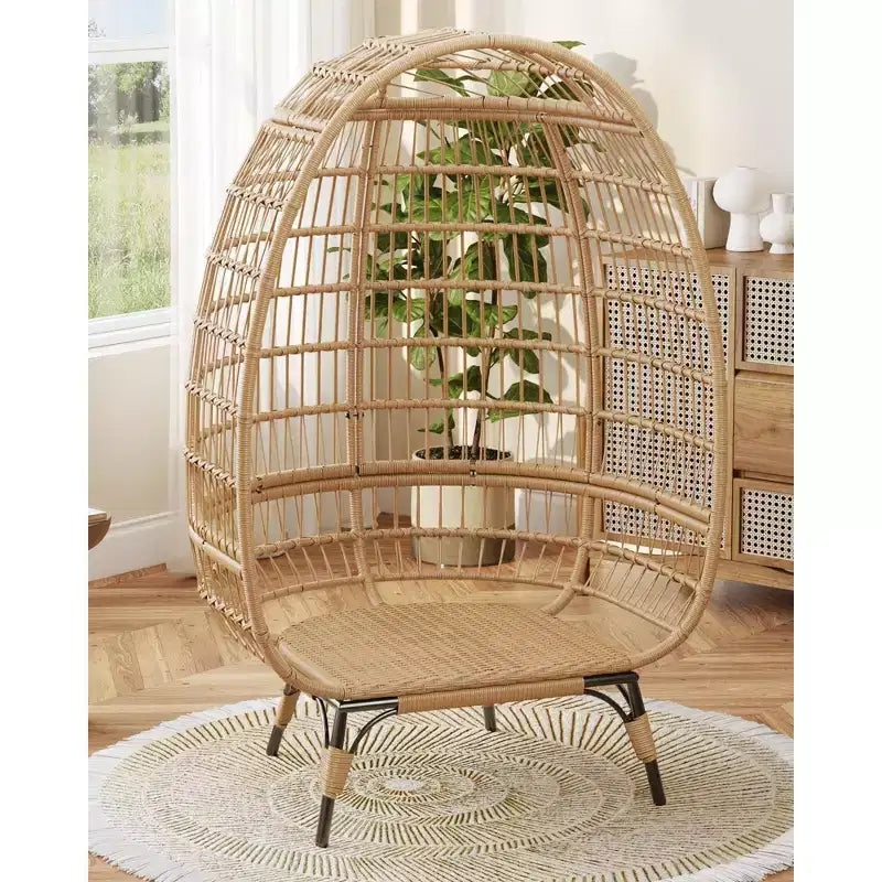 Fauteuil œuf en osier avec coussin moelleux et cadre en acier, chaises longues de patio en rotin pour patio, arrière-cour, salon, chambre à coucher
