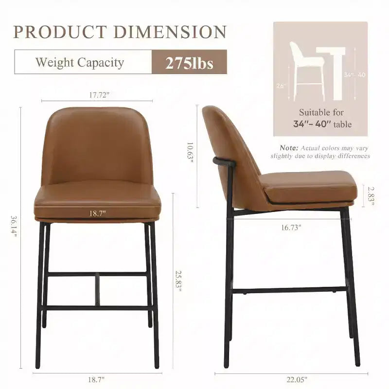 Tabourets de bar Ora Maison Chaises de comptoir en cuir avec dossier et pieds en métal pour bar, lot de 2, marron