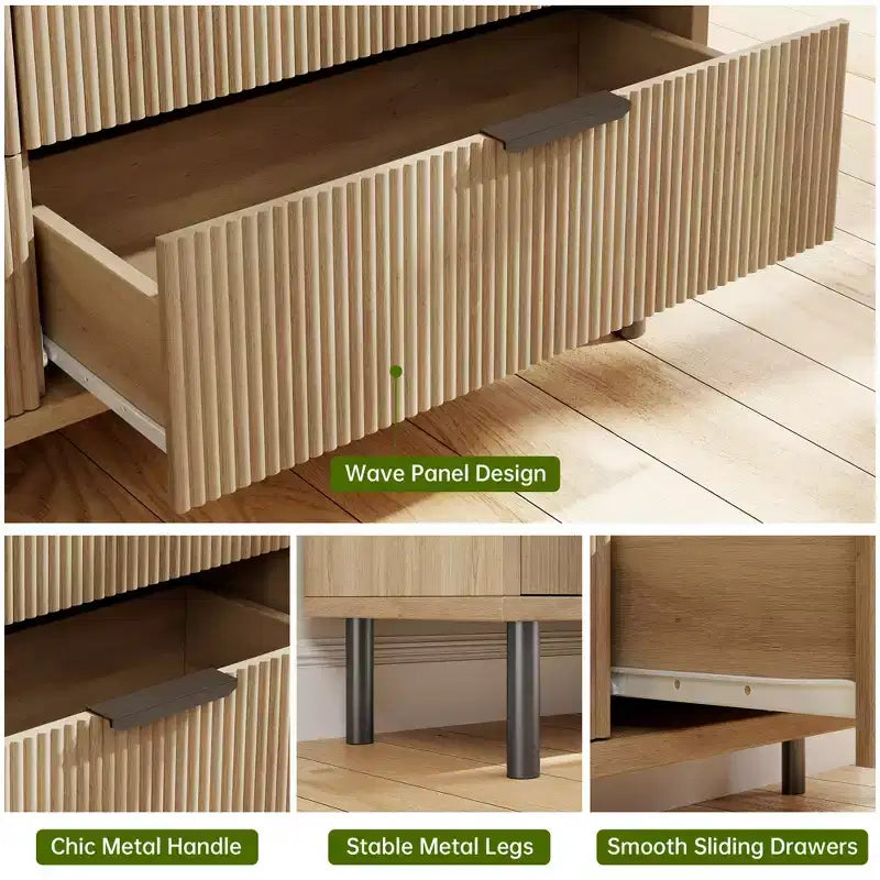 Commode 5 tiroirs cannelés ondulés pour chambre à coucher, commode en bois moderne avec tiroirs larges, commode en bois pour chambre d'enfant avec pieds en métal pour couloir entrée