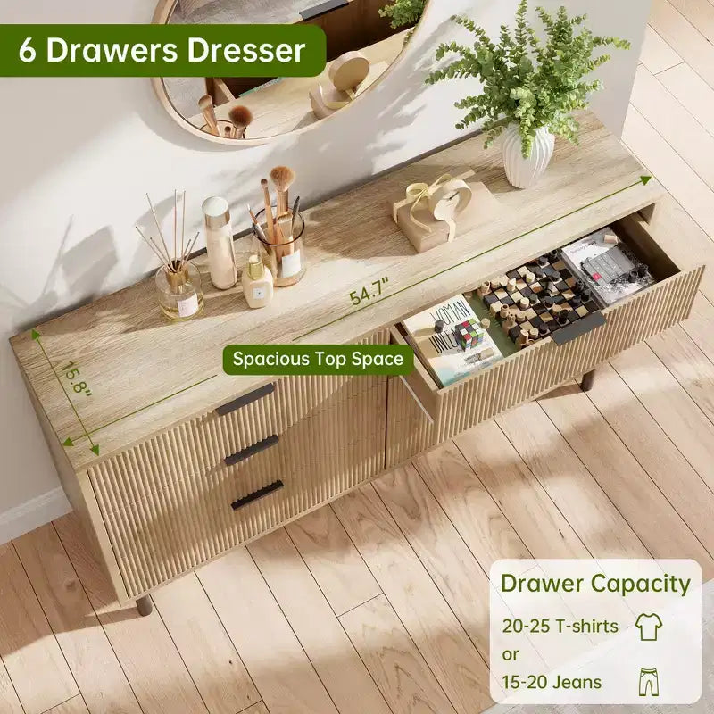Commode 5 tiroirs cannelés ondulés pour chambre à coucher, commode en bois moderne avec tiroirs larges, commode en bois pour chambre d'enfant avec pieds en métal pour couloir entrée