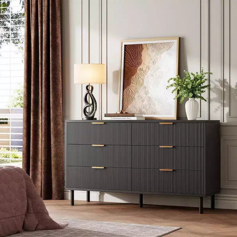 Commode 5 tiroirs cannelés ondulés pour chambre à coucher, commode en bois moderne avec tiroirs larges, commode en bois pour chambre d'enfant avec pieds en métal pour couloir entrée