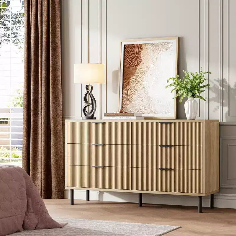 Commode 5 tiroirs cannelés ondulés pour chambre à coucher, commode en bois moderne avec tiroirs larges, commode en bois pour chambre d'enfant avec pieds en métal pour couloir entrée