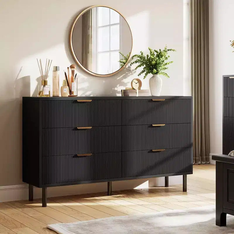 Wave Fluted 5 Drawer Dresser for Bedroom, Modern Wood Chest of Drawers with Wide Drawers, Wood Nursery Dresser with Metal Legs for Hallway Entryway