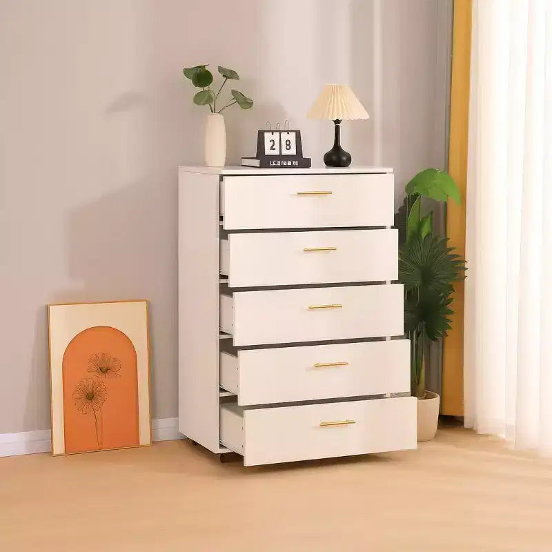 JVNOXK Commode moderne à cinq tiroirs de 76 cm avec poignées, meuble de rangement avec roulettes multidirectionnelles, convient aux chambres et aux salons, blanc