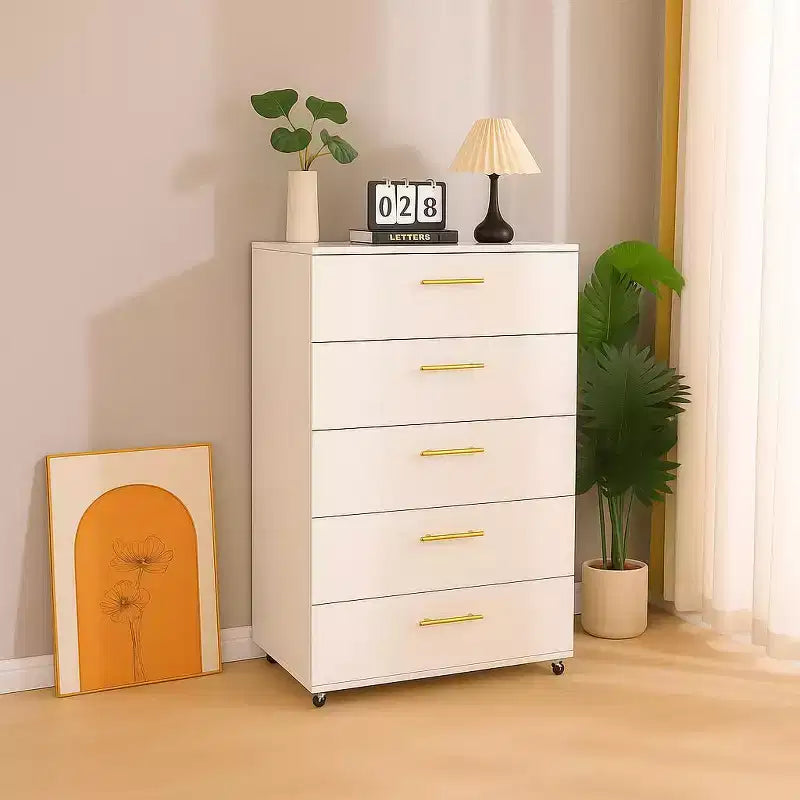 JVNOXK Commode moderne à cinq tiroirs de 76 cm avec poignées, meuble de rangement avec roulettes multidirectionnelles, convient aux chambres et aux salons, blanc