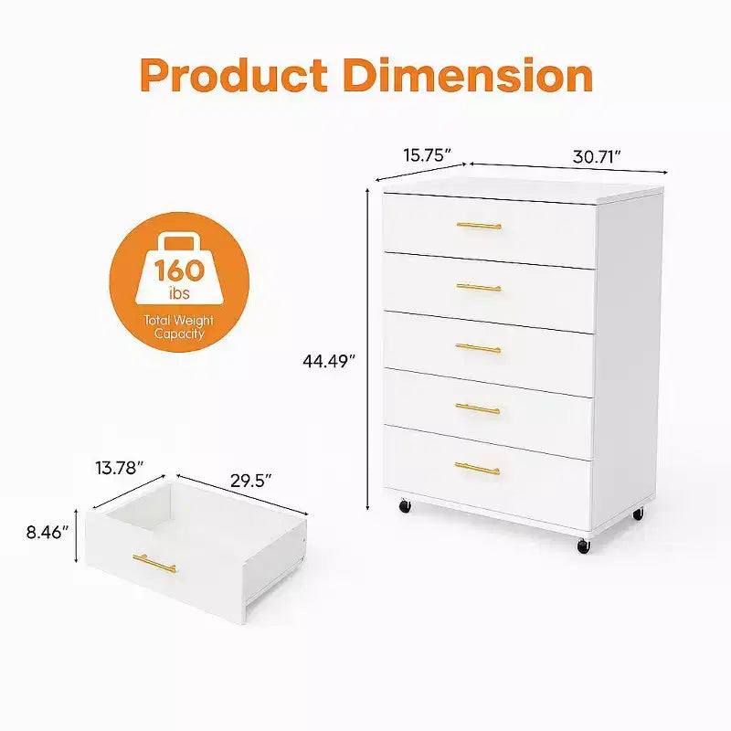 JVNOXK Commode moderne à cinq tiroirs de 76 cm avec poignées, meuble de rangement avec roulettes multidirectionnelles, convient aux chambres et aux salons, blanc