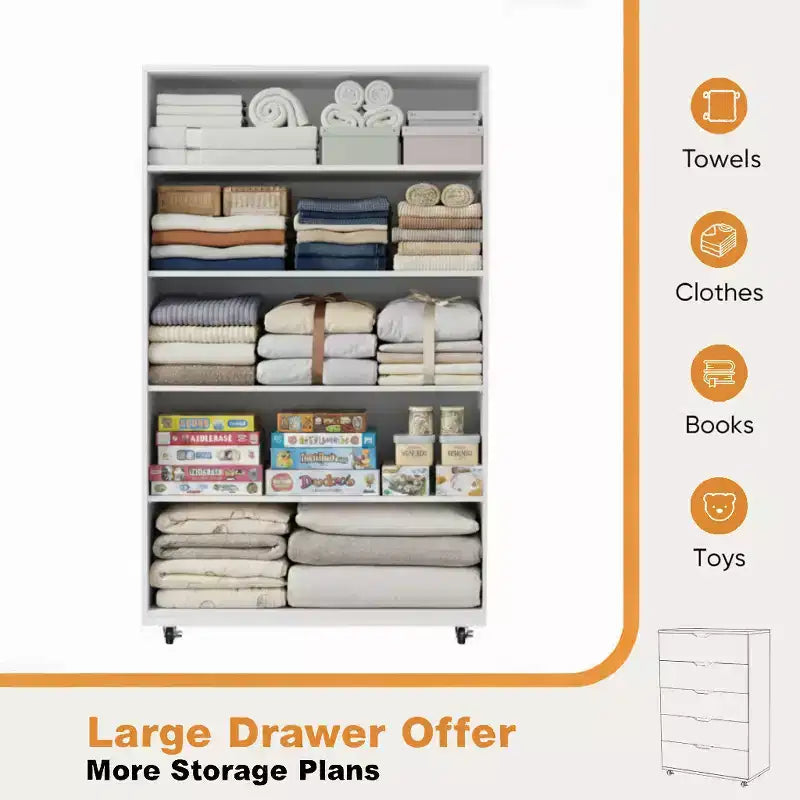 JVNOXK Commode moderne à cinq tiroirs de 76 cm avec poignées, meuble de rangement avec roulettes multidirectionnelles, convient aux chambres et aux salons, blanc