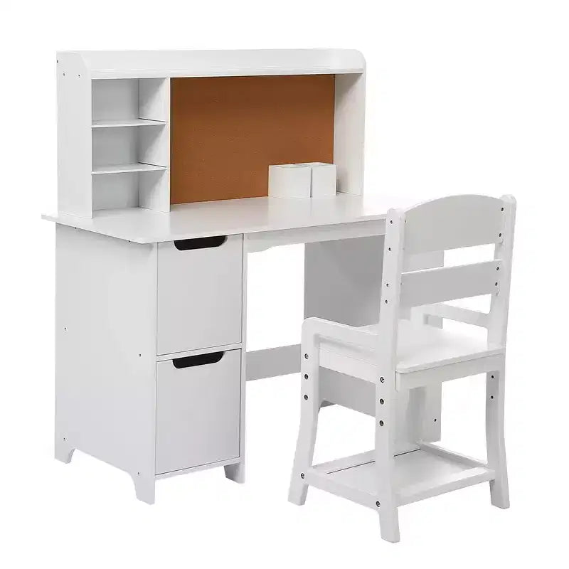 White Study Desk and Chair Set with Bookshelf, Bulletin Board, and Cabinets - Ideal for Boys and Girls Ages 3-8