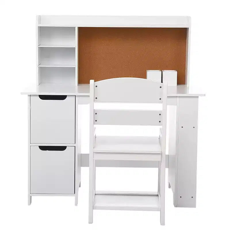 Bureau d'étude blanc et ensemble chaise avec étagère, tableau d'affichage et armoires - Idéal pour les garçons et les filles âgés de 3 à 8 ans