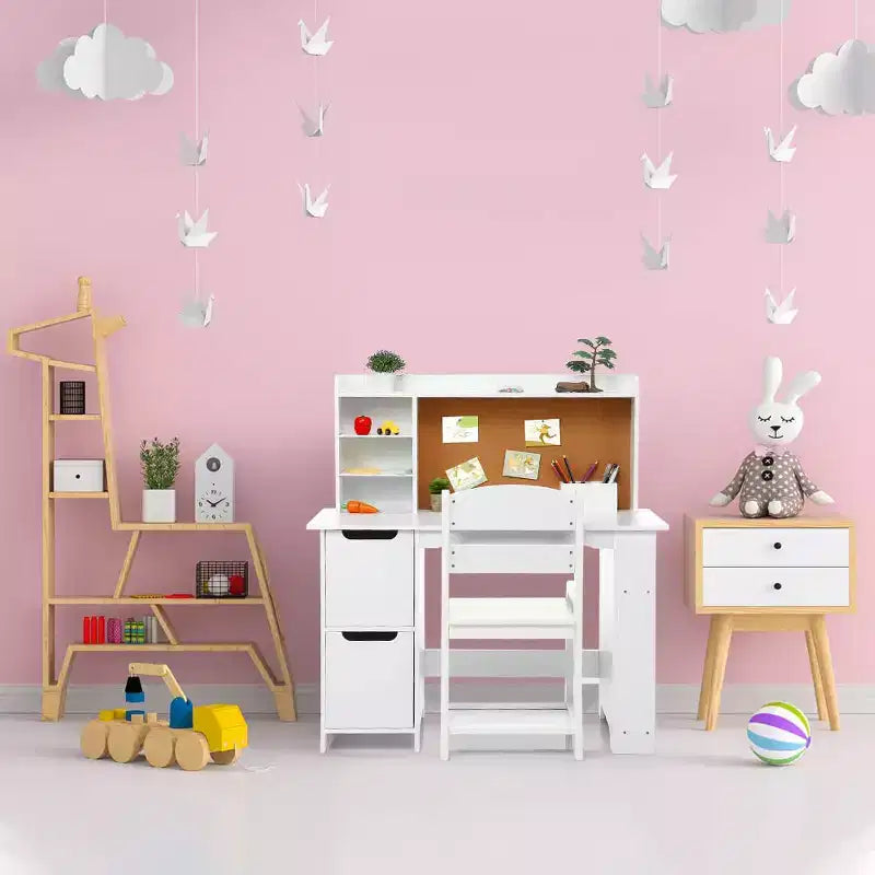 Bureau d'étude blanc et ensemble chaise avec étagère, tableau d'affichage et armoires - Idéal pour les garçons et les filles âgés de 3 à 8 ans