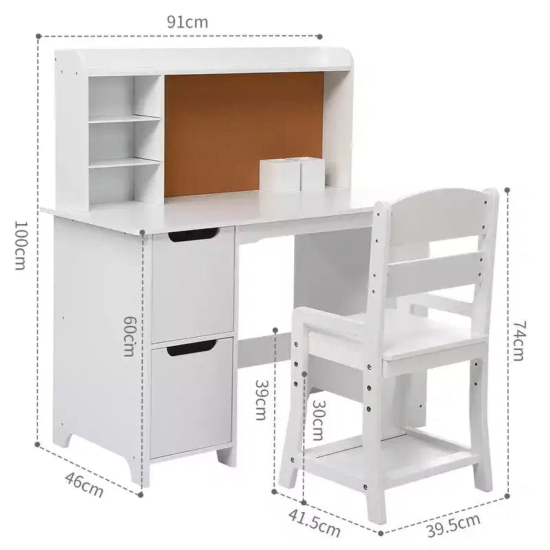 Bureau d'étude blanc et ensemble chaise avec étagère, tableau d'affichage et armoires - Idéal pour les garçons et les filles âgés de 3 à 8 ans