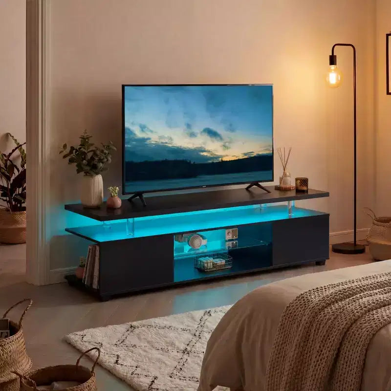 Meuble TV JVNOXK pour téléviseur 60 pouces, centre de divertissement de jeu LED, table console de rangement multimédia avec grand meuble latéral pour salon (noir)