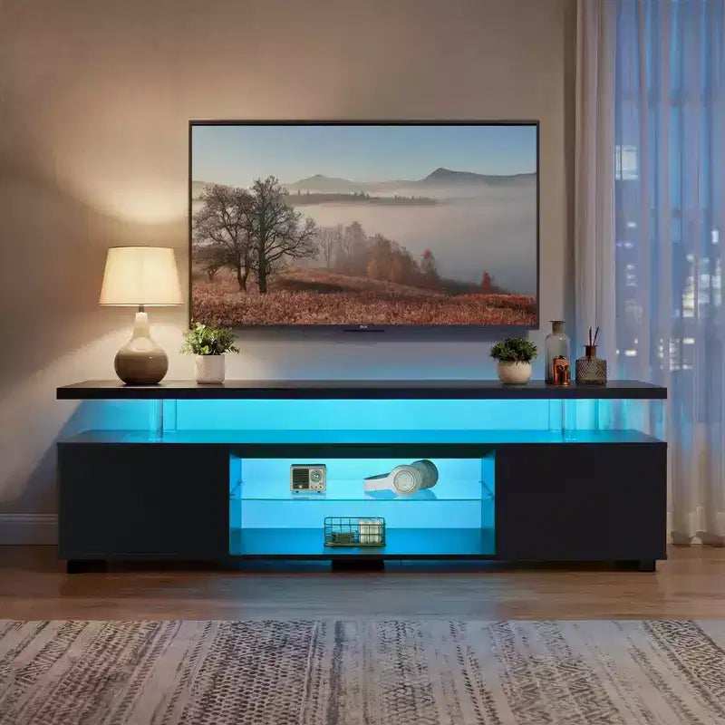 Meuble TV JVNOXK pour téléviseur 60 pouces, centre de divertissement de jeu LED, table console de rangement multimédia avec grand meuble latéral pour salon (noir)