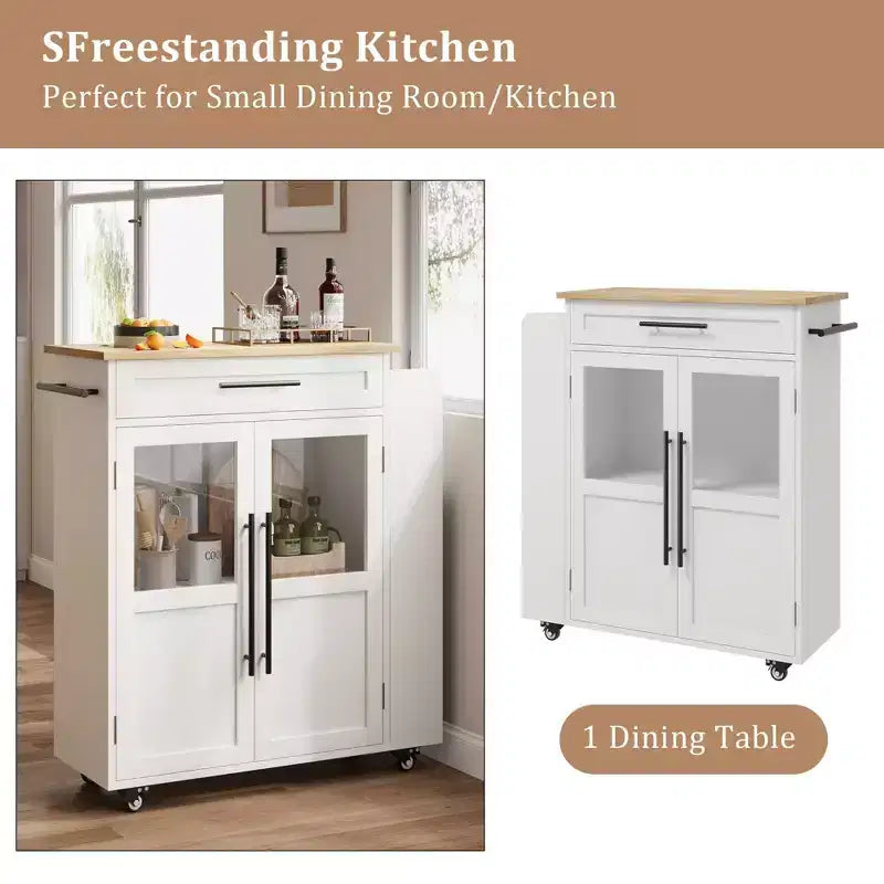 Îlot de cuisine, 48 po, Meuble bar à café rétro de style ferme avec rangement et armoire vitrée, pour salle à manger